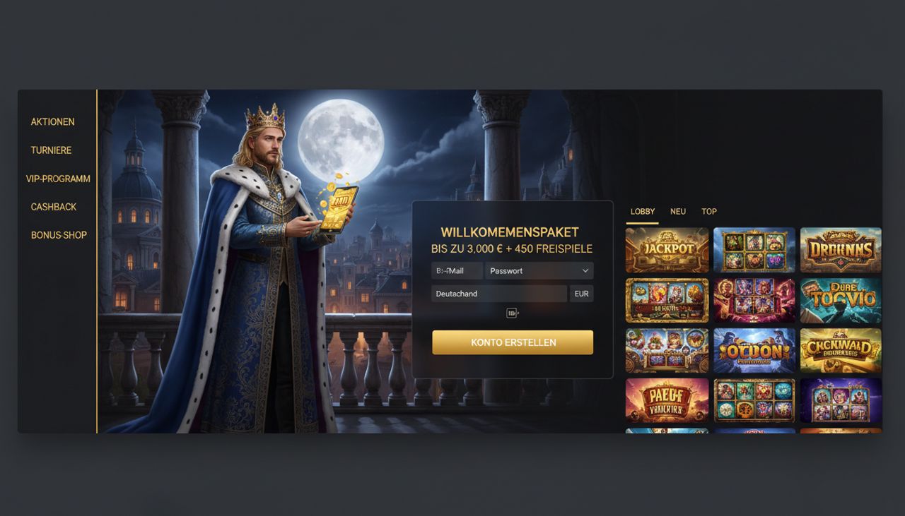 Startseite von King Billy mit Registrierungsformular, Willkommenspaket und Spielübersicht