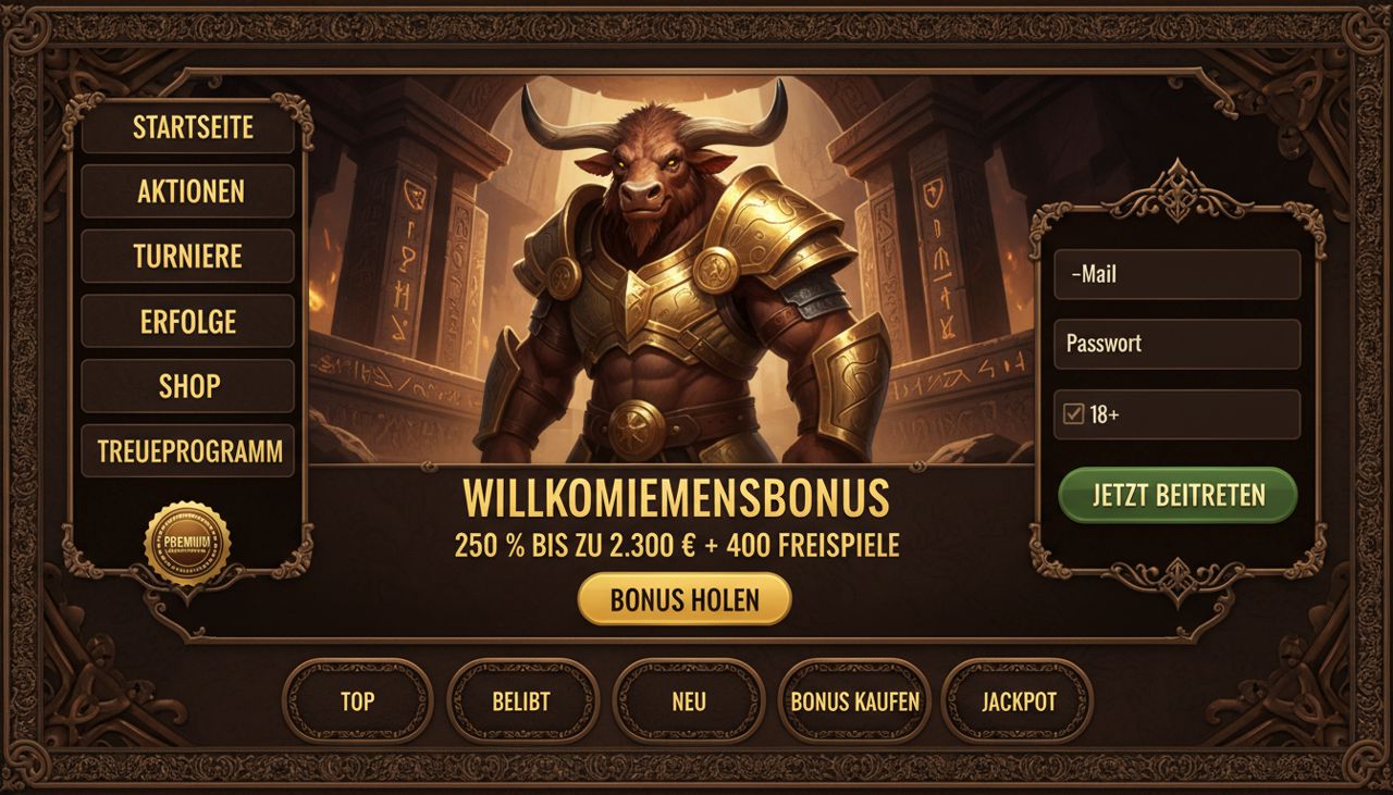 Startseite von Mino Casino mit Spielelobby und Willkommensbonus