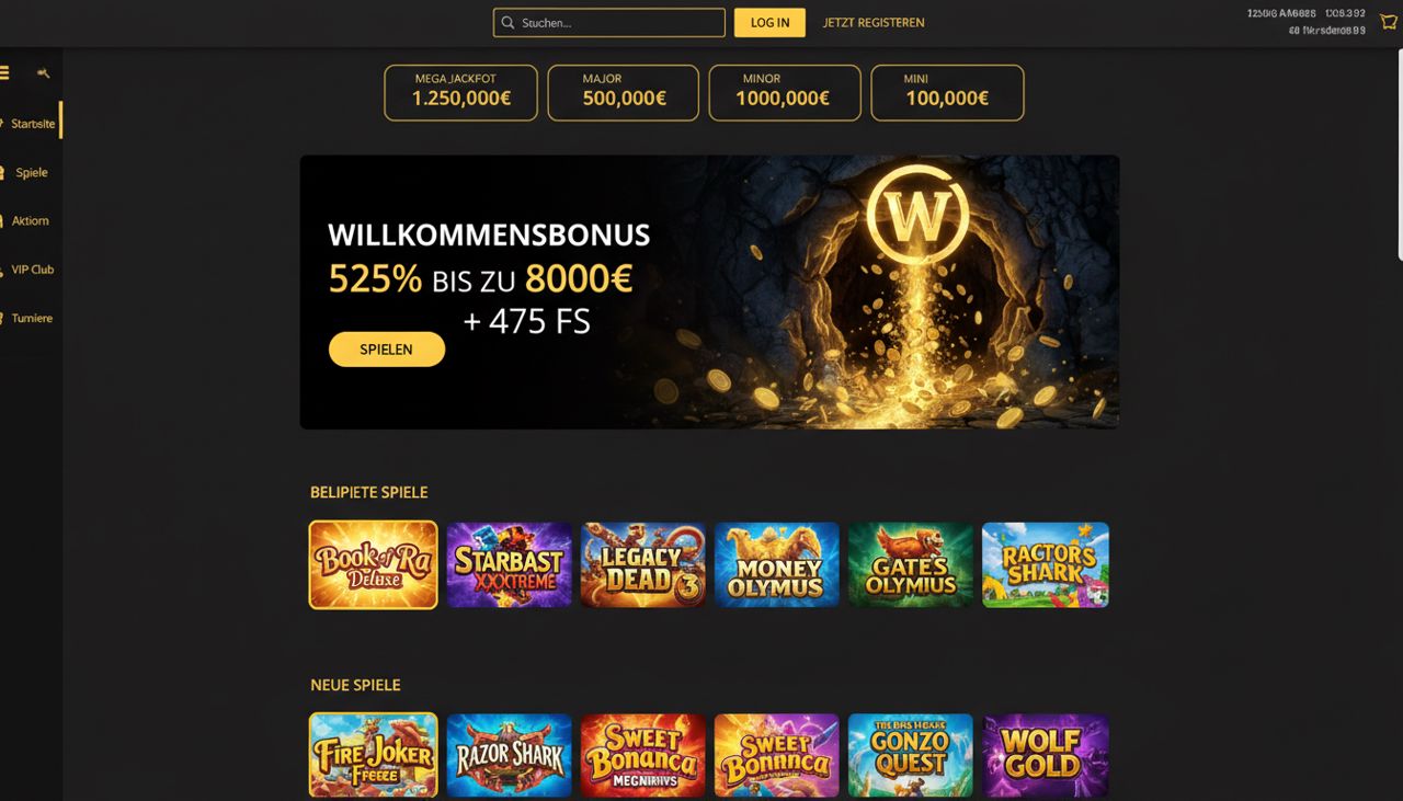 Startseite von Winhero mit Willkommensangebot und Auswahl an Slots