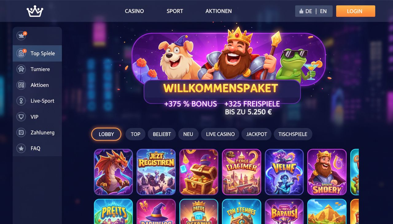 Screenshot der Dazard Casino-Lobby mit Spielkategorien und Willkommensangebot